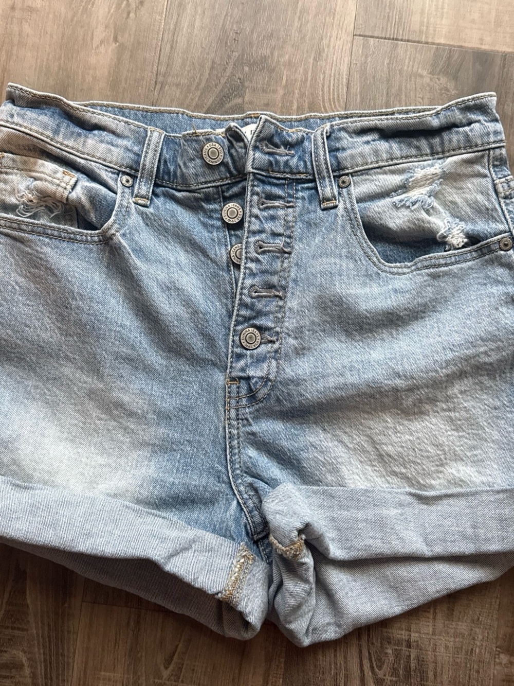 eunina Light Blue Button-Fly Denim Shorts
